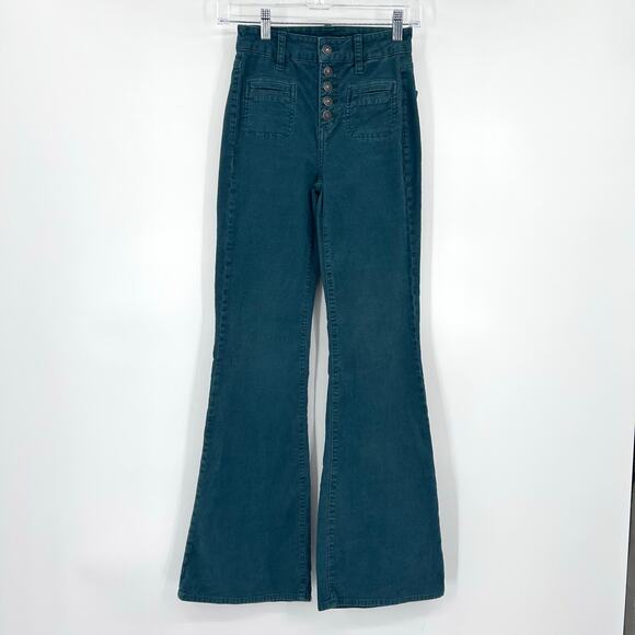 American Eagle Stretch Corduroy Super High-Waisted Flare Pant Green Womens 000 - Picture 4 of 11